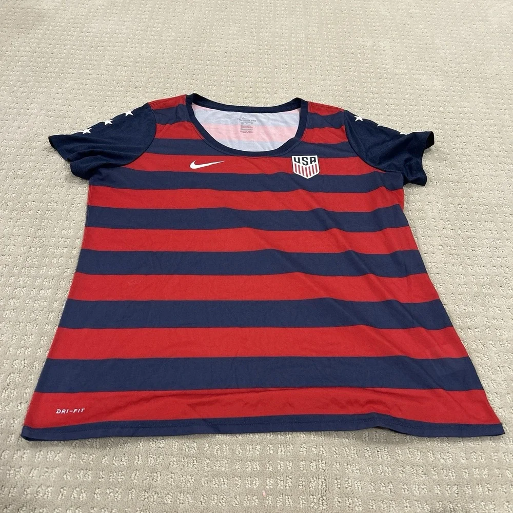 Nike Dri Fit Team USA World Cup Striped Red Blue Soccer Jersey Women's XL 2017